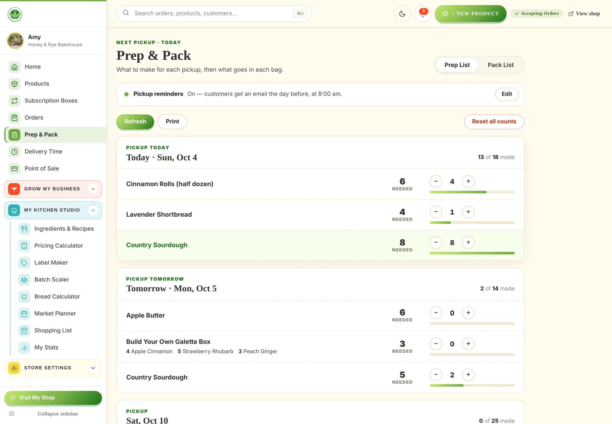 Prep and Pack showing what to make for each pickup day