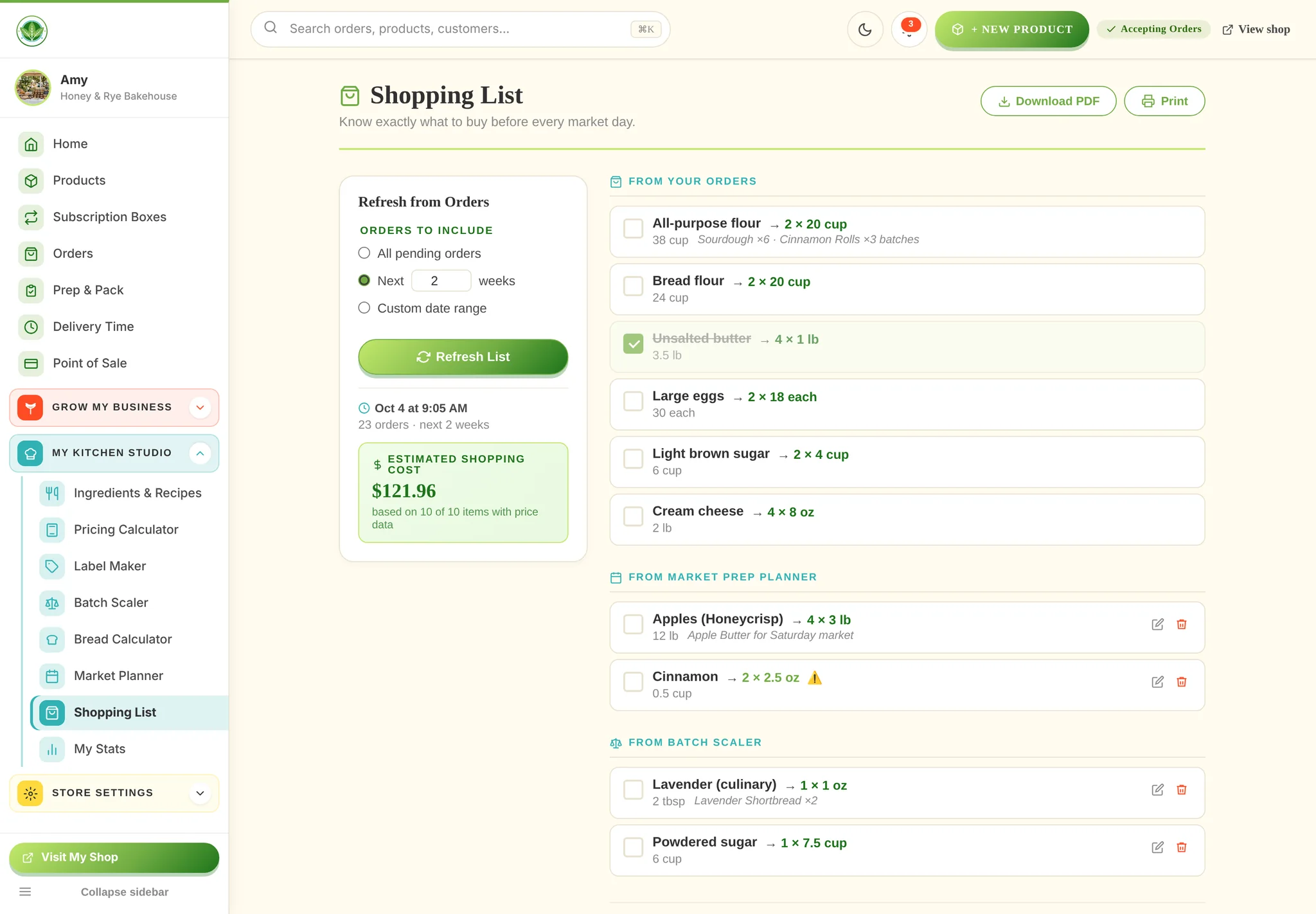 A shopping list built from orders, the market plan and the batch scaler