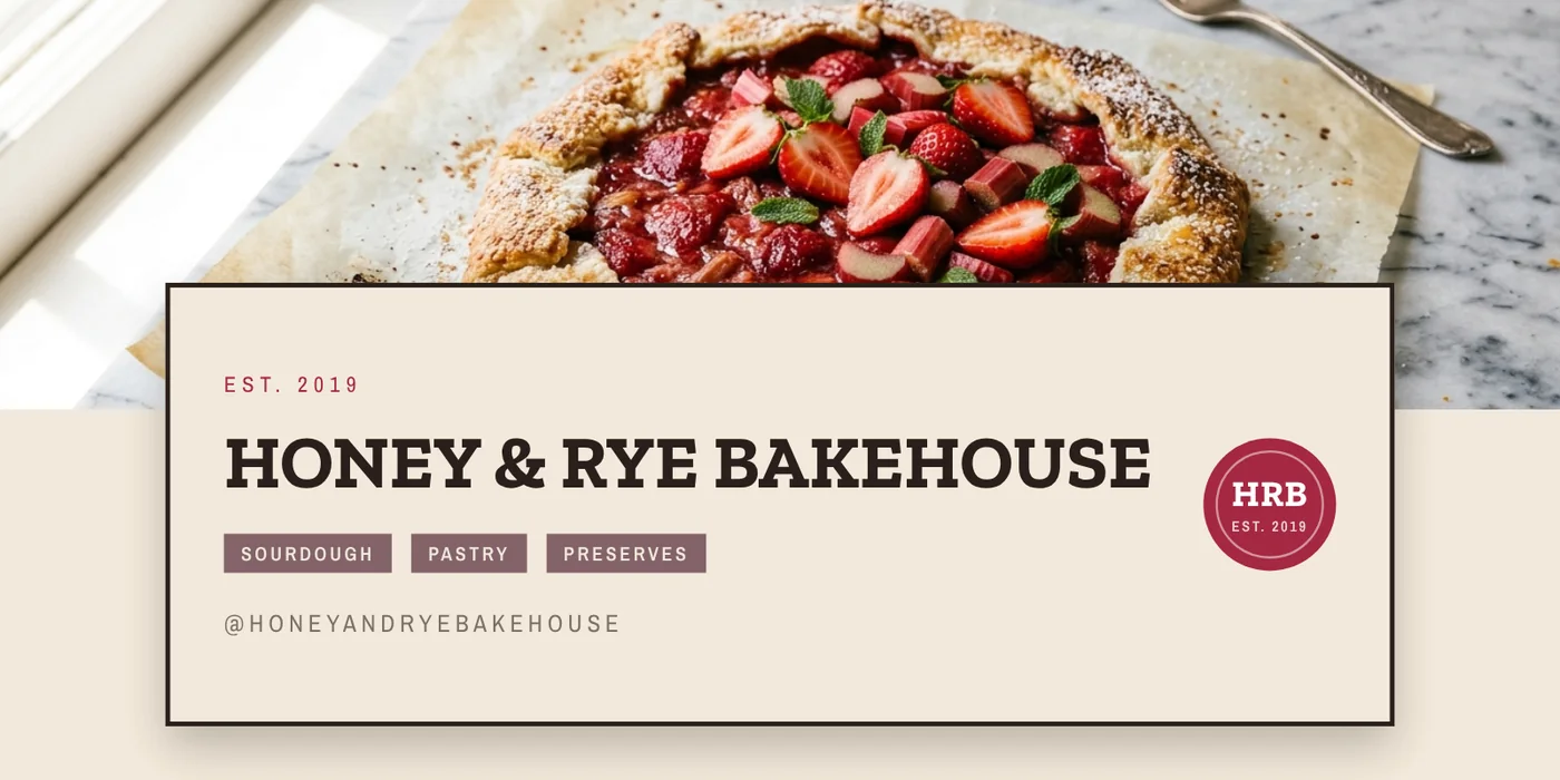 Booth banner in Stamped, Cranberry: a band of strawberry-rhubarb galette photograph across the top, and a cream ticket overlapping it reading est. 2019, Honey & Rye Bakehouse, tags for sourdough, pastry and preserves, the shop handle, and a cranberry HRB stamp.