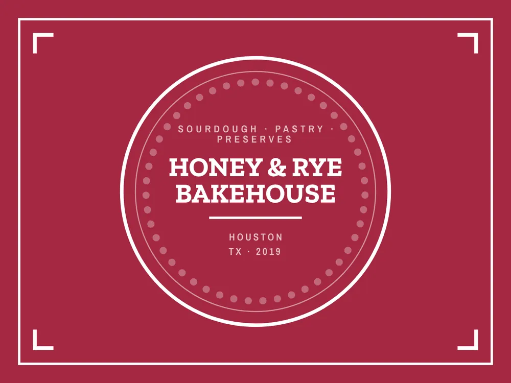Business identity sign in solid cranberry: a dotted stamp ring holding Honey & Rye Bakehouse, sourdough, pastry and preserves, and Houston, Texas, 2019, with corner crop marks.