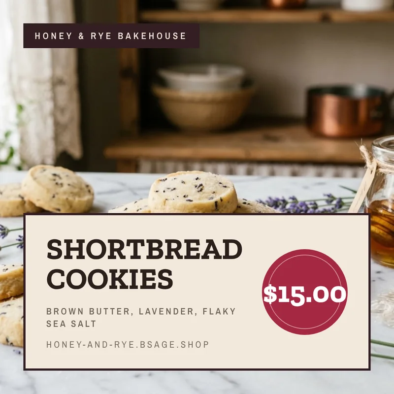 Single product post: a photo of lavender shortbread, with a cream ticket reading Shortbread Cookies, brown butter, lavender, flaky sea salt, and a cranberry 15 dollar price stamp.