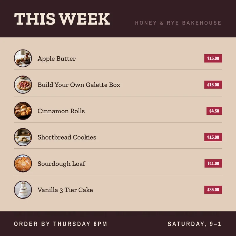 Weekly menu post headed This Week: apple butter 15 dollars, galette box 16, cinnamon rolls 4.50, shortbread cookies 15, sourdough loaf 11 and a vanilla three-tier cake 35, each with its photo, then order by Thursday 8pm, Saturday 9 to 1.