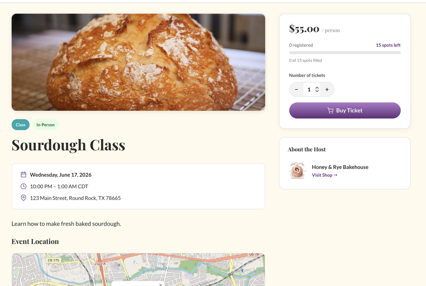 Vendor event and class page