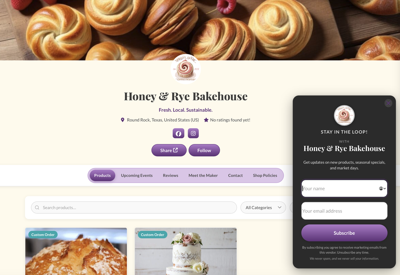Beautifully branded vendor shop page