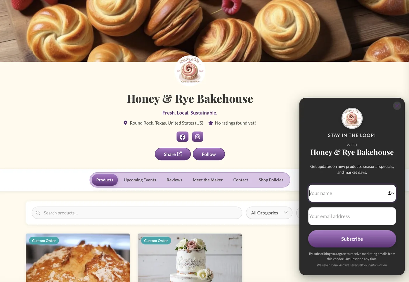 Beautifully branded vendor shop page