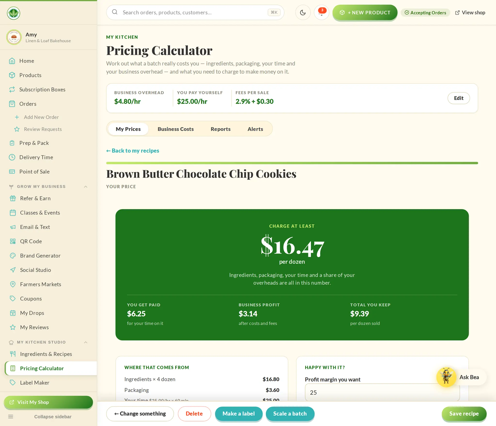 The Pricing Calculator showing a charge-at-least price per dozen