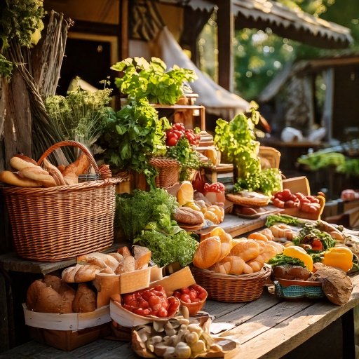 Firefly local farmer's market with fresh herbs, produce, fresh baked pastries and breads in a rustic