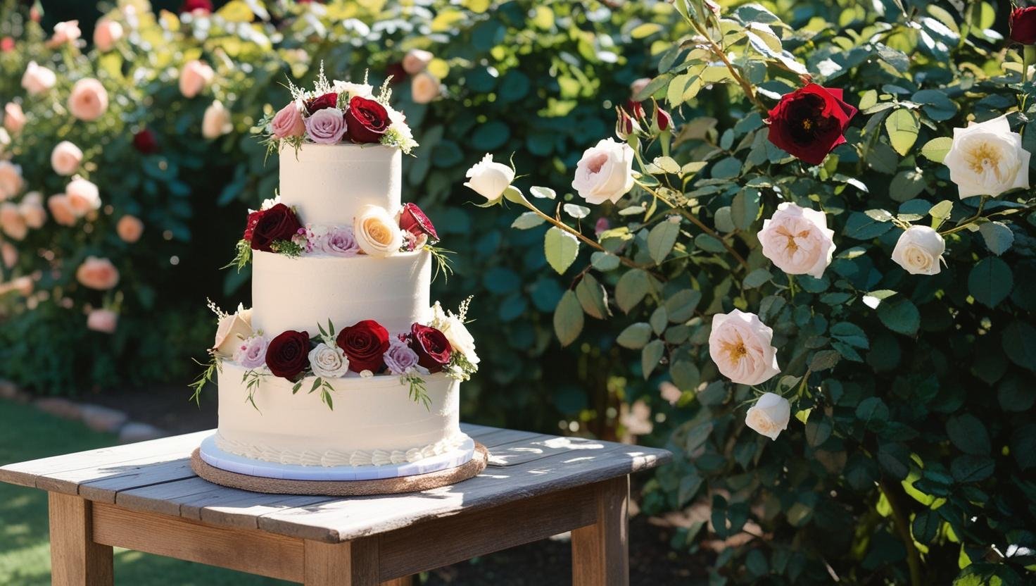 3 tier wedding cake with cream frosting and decorated with flowers on a table in a rose garden 3 tier wedding cake with cream frosting and decorated with flowers on a table in a rose garden