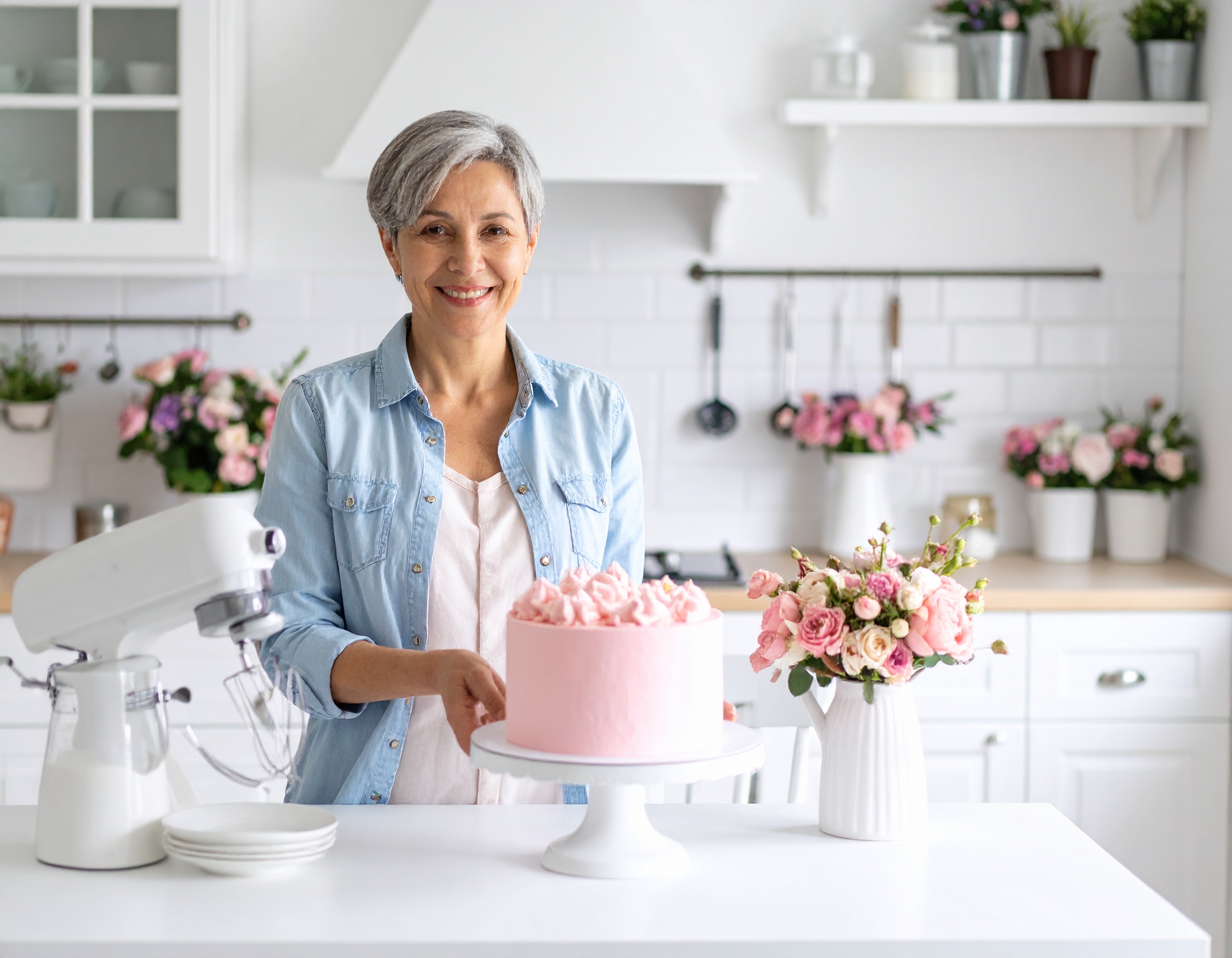 Sarah johnson vendor Firefly woman in mid 40s background is of a white french provencial kitchen with a stand mix 336588