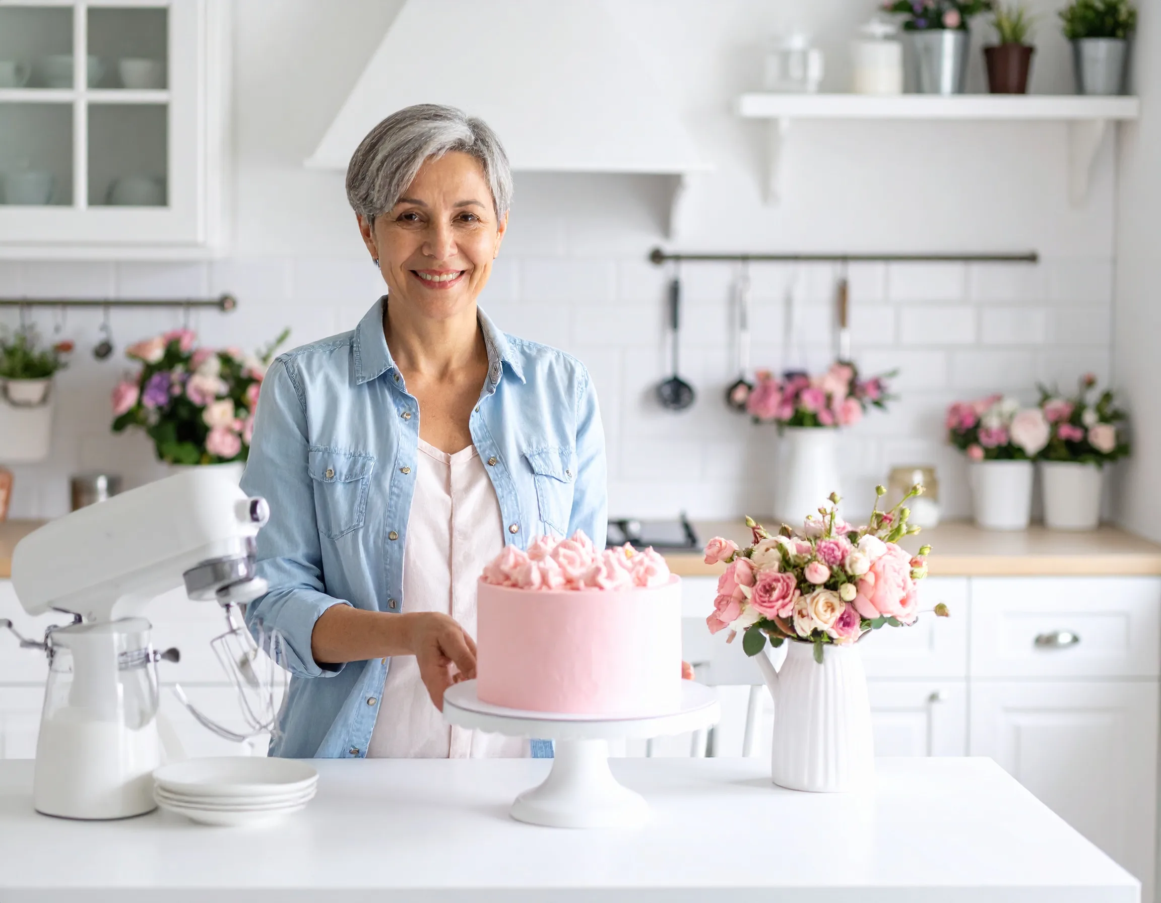 Firefly woman in mid 40s background is of a white french provencial kitchen with a stand mix 336588