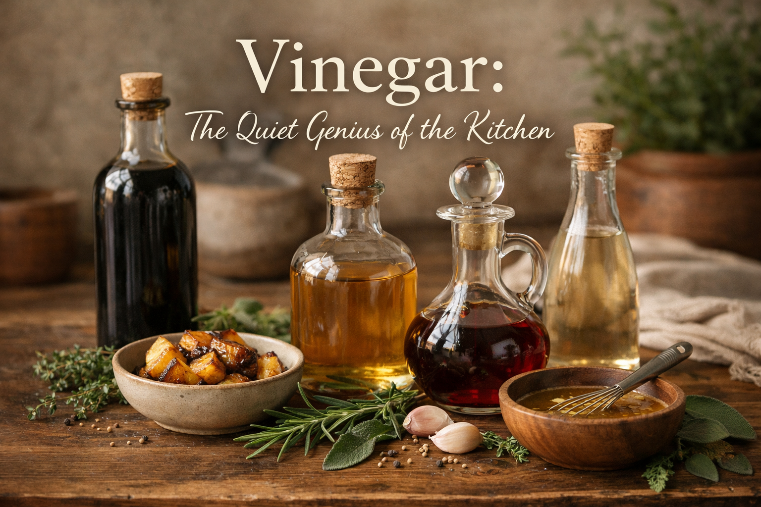 Glass bottles of assorted vinegars on a kitchen counter with herbs and roasted vegetables, representing how vinegar is used in everyday cooking.