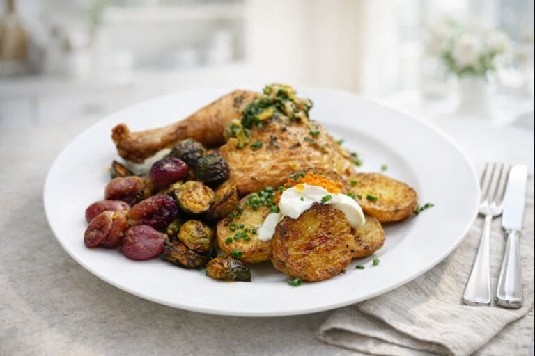 roast chicken dinner with roasted potatoes and Brussel sprouts on a white plain in a modern kitchen.