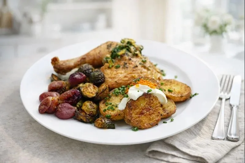roast chicken dinner with roasted potatoes and Brussel sprouts on a white plain in a modern kitchen.