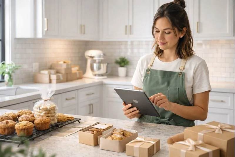 home baker working on her business in her home kitchen