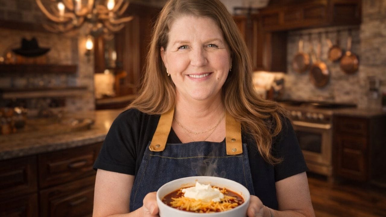 Amy offering a bowl of Texas chili