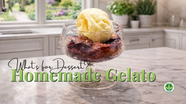 A scoop of homemade gelato on top of berry cobbler in a glass footed desert dish on a kitchen counter.
