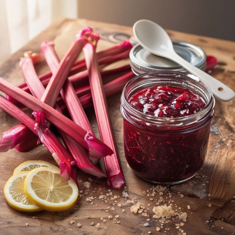 rhubarb jam in a jar next to fresh rhubarb stalks