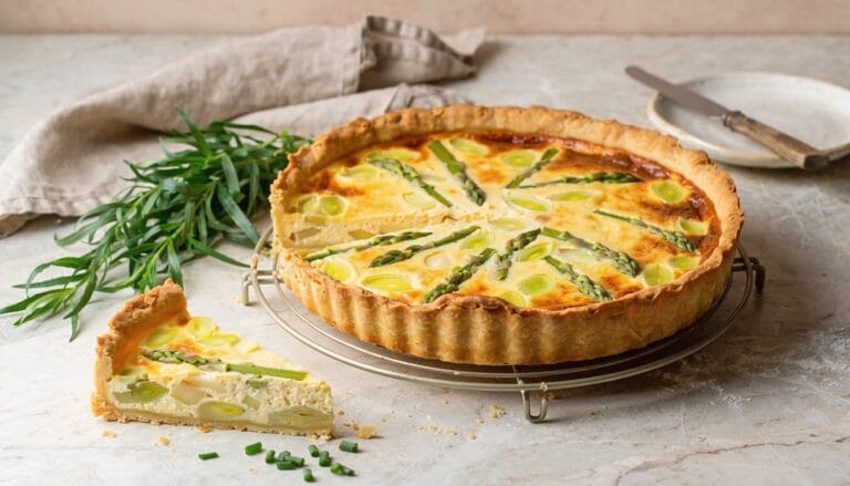 Slice of spring quiche with fresh herbs and farmers market vegetables on a white plate
