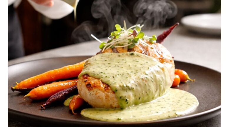 A plate of grilled chicken and carrots topped with tarragon and wine cream sauce