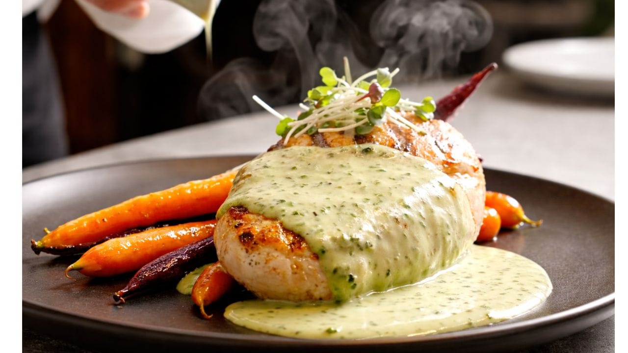 A plate of grilled chicken and carrots topped with tarragon and wine cream sauce