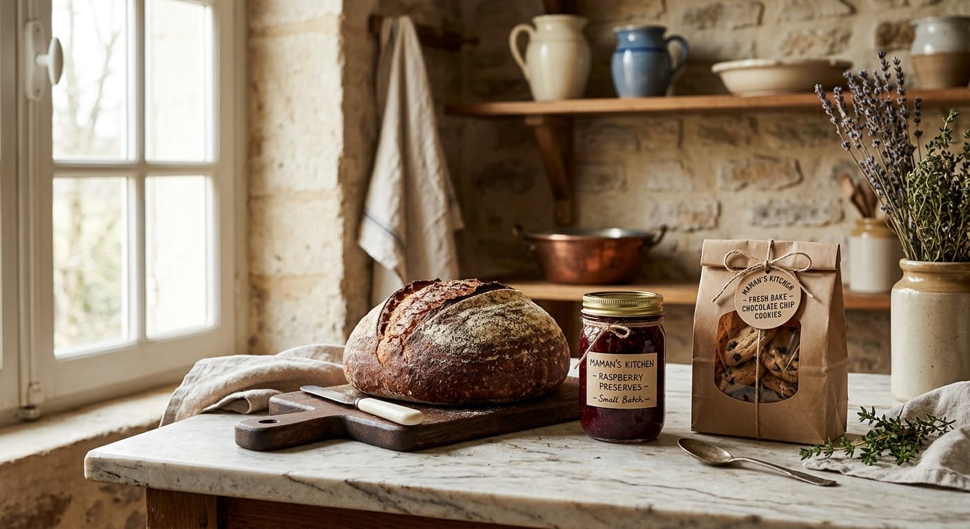 Homemade cottage food products including jam, bread, and labeled cookies on a marble countertop — cottage food laws by state guide
