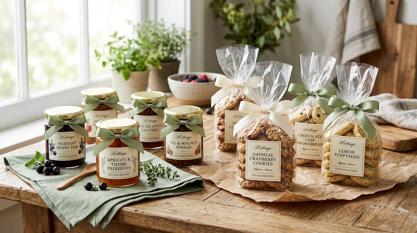 Beautifully packaged cottage food products — glass jars and cookies with ribbon
