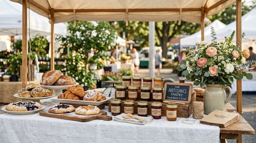 Elegant farmers market vendor display with baked goods and preserves on white linen