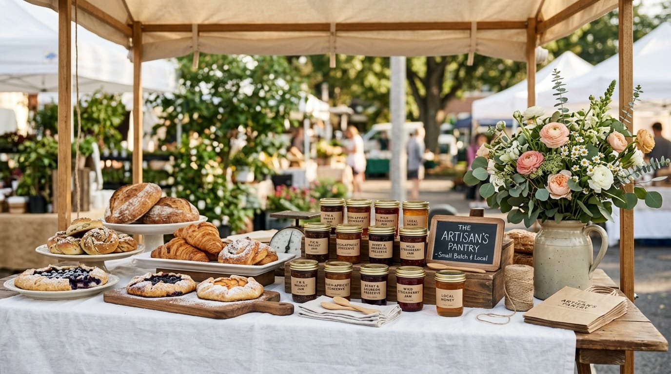 Elegant farmers market vendor display with baked goods and preserves on white linen