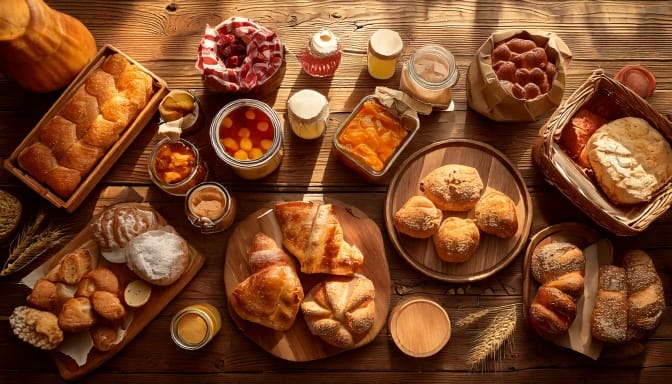 Food photography tips for farmers market booth — overhead shot of styled booth with cottage food products