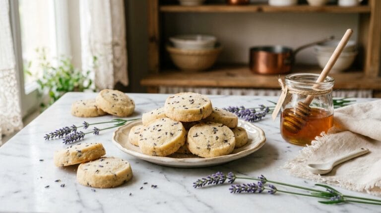 Lavender Honey Shortbread Cookies: The Market Booth Bestseller You Haven't Made Yet 8 Pale golden lavender shortbread cookies with honey and lavender sprigs on marble