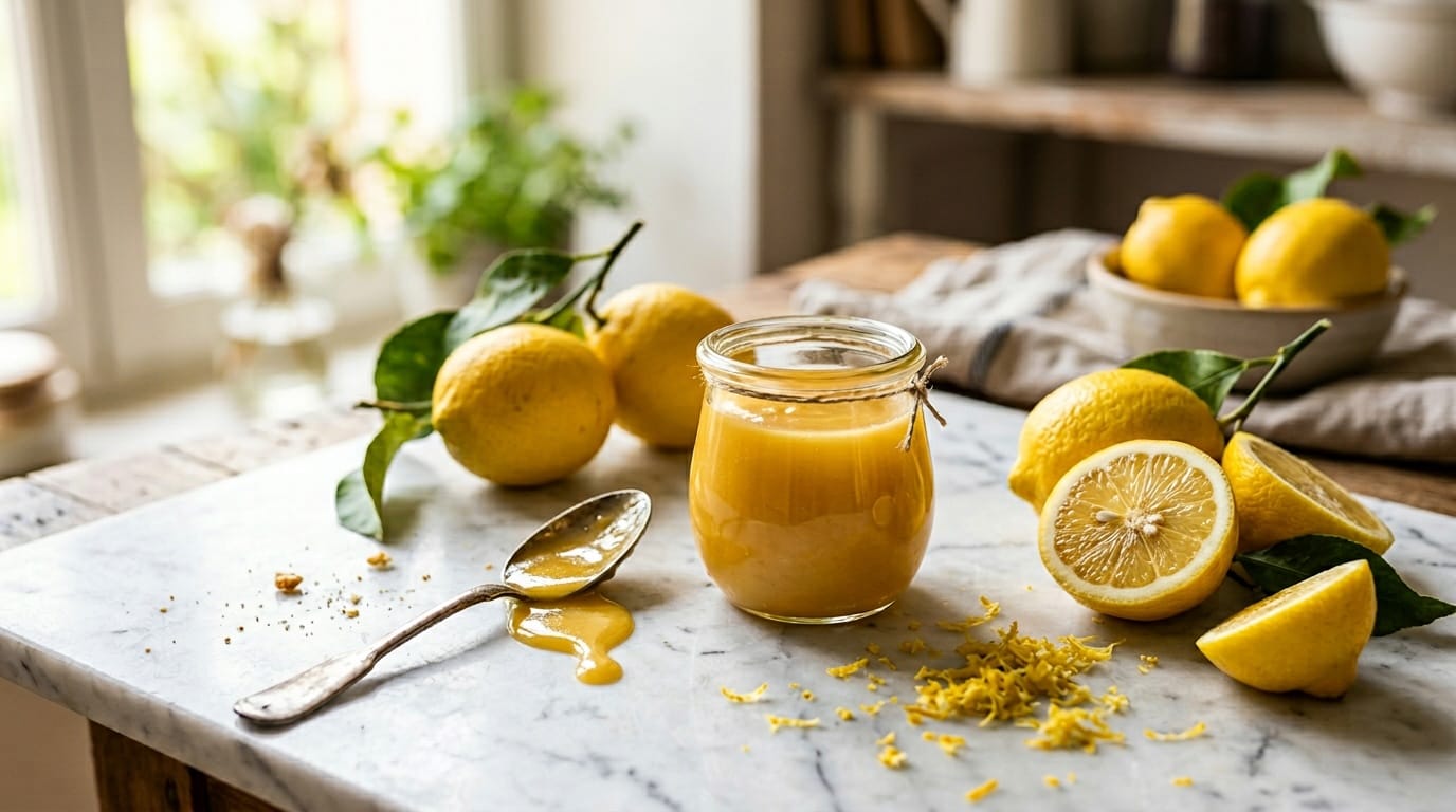 Golden lemon curd in glass jar with fresh lemons on marble — small-batch recipe
