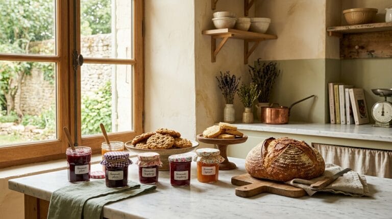 Homemade preserves and baked goods on marble countertop — cottage food business
