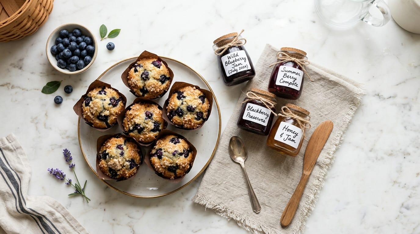 Homemade blueberry muffins and jam with handwritten labels for New Jersey cottage food law