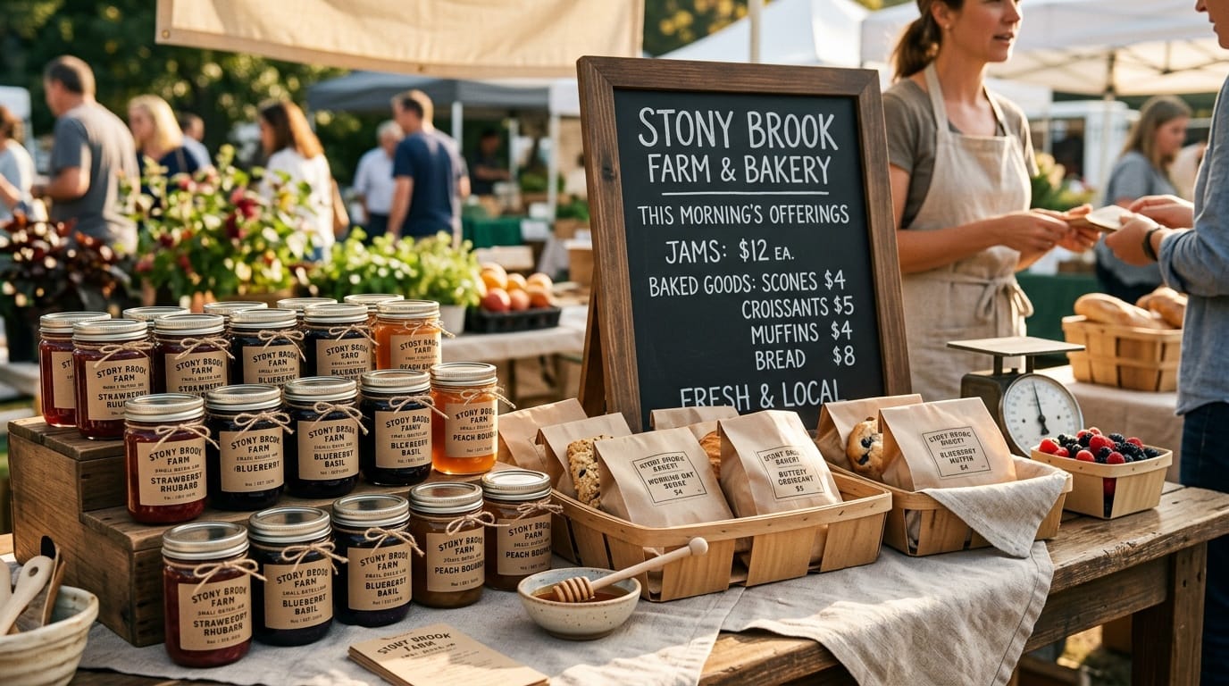 Farmers market vendor table with jam jars and chalkboard pricing sign