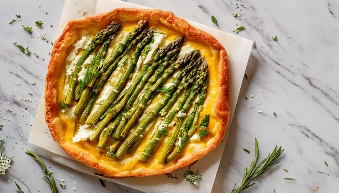Spring asparagus and ricotta tart recipe — sliced on a wooden board with fresh herbs