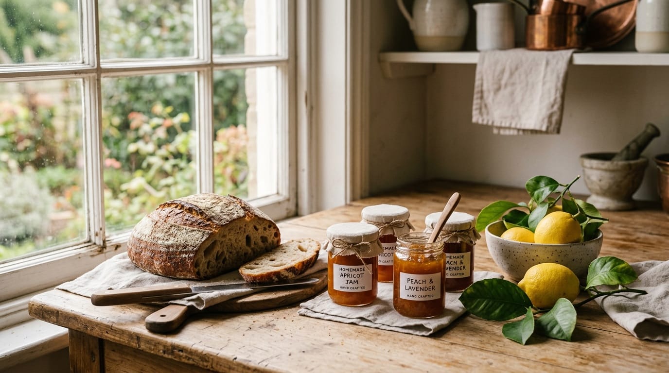 Artisan homemade preserves and sourdough on natural maple wood — Vermont cottage food
