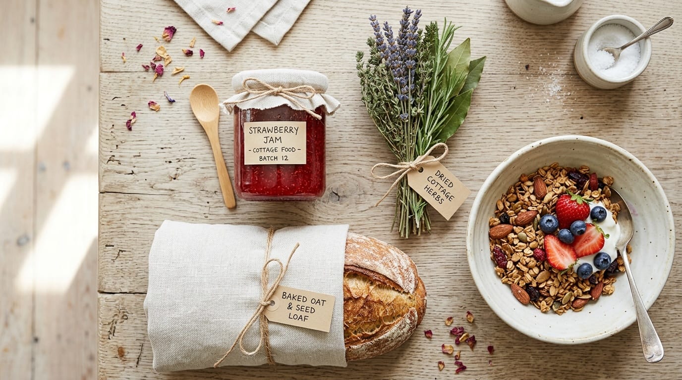 Cottage food staples — jam jar, dried herbs, bread loaf, and granola on linen