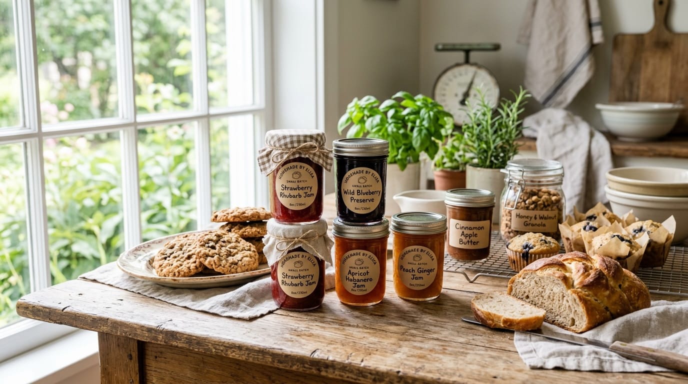 Assorted homemade Alabama cottage food products — jam jars and baked goods on a farmhouse kitchen table