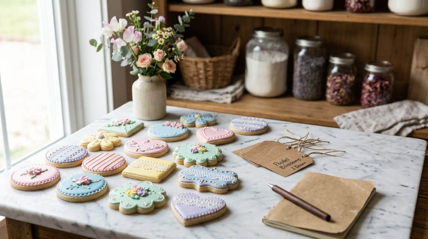 Decorated custom order sugar cookies with pastel icing for a cottage food bakery business