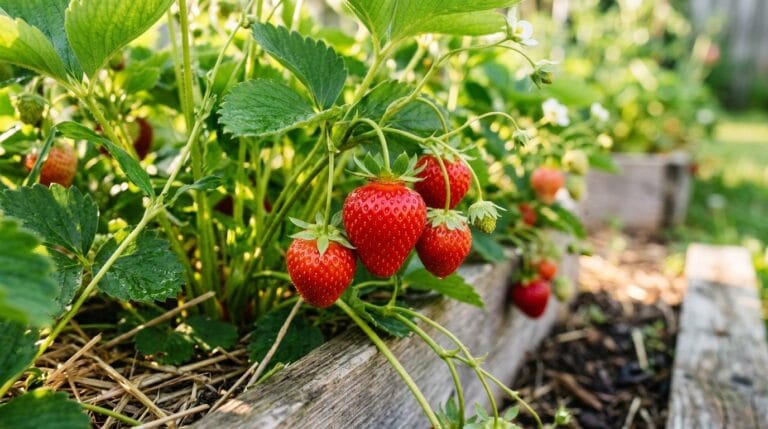 Fresh ripe strawberries growing in a sunny backyard garden — beginner growing guide