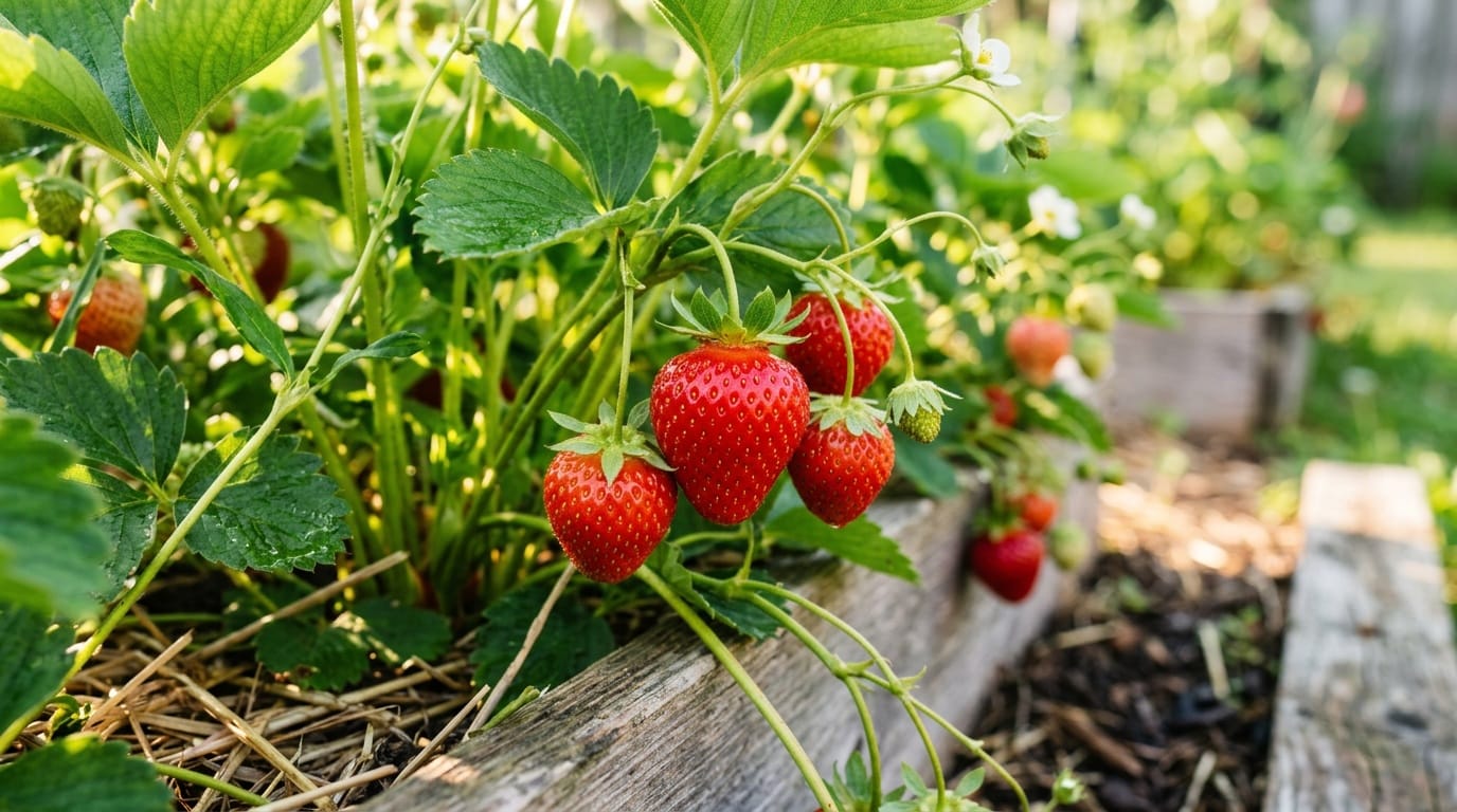 Fresh ripe strawberries growing in a sunny backyard garden — beginner growing guide