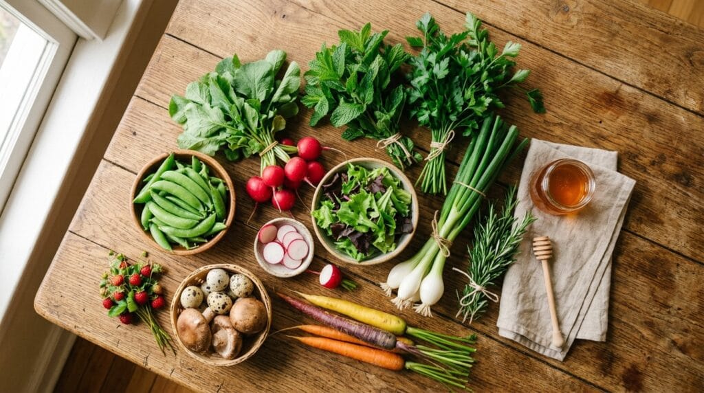 Spring farmers market haul with colorful vegetables snap peas fresh herbs and radishes for weekly meal planning