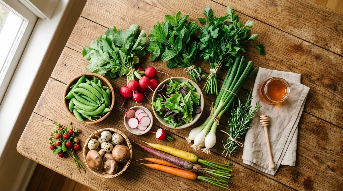 Spring farmers market haul with colorful vegetables snap peas fresh herbs and radishes for weekly meal planning