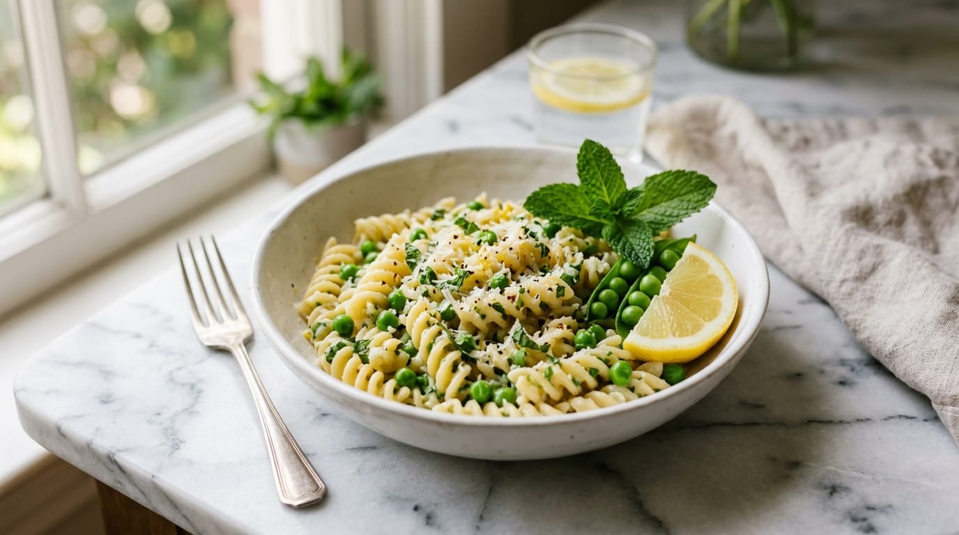 Fresh spring pea and mint pasta with lemon brown butter in a white bowl — farmers market recipe