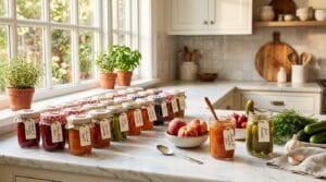 Preserving a farmers market haul — colorful jars of jam and pickles on a wood surface