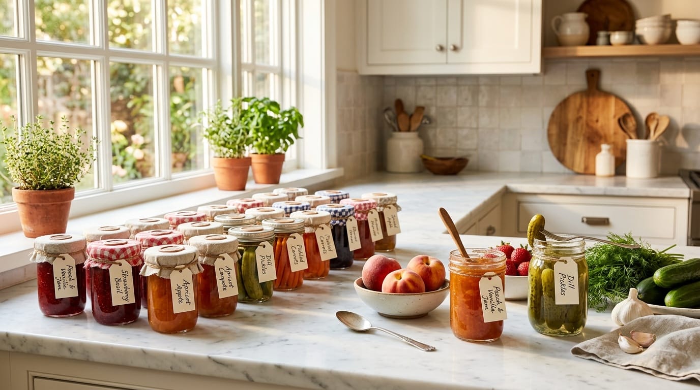 bas-preserving-market-haul Preserving a farmers market haul — colorful jars of jam and pickles on a wood surface