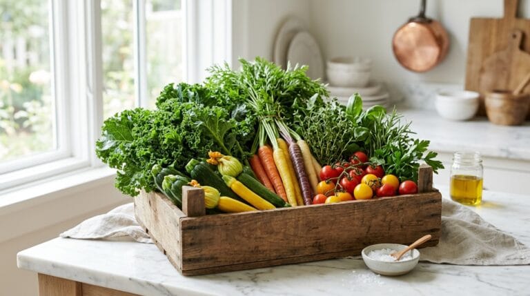 What is a CSA farm share — colorful seasonal vegetables in a wooden crate at a farmers market