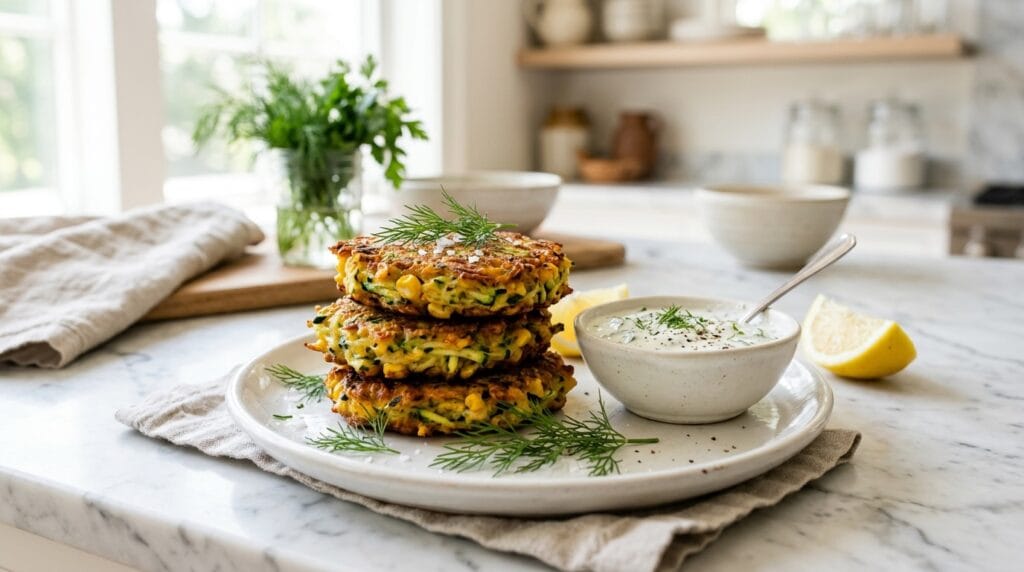 Zucchini and Corn Fritters with Lemon Herb Yogurt