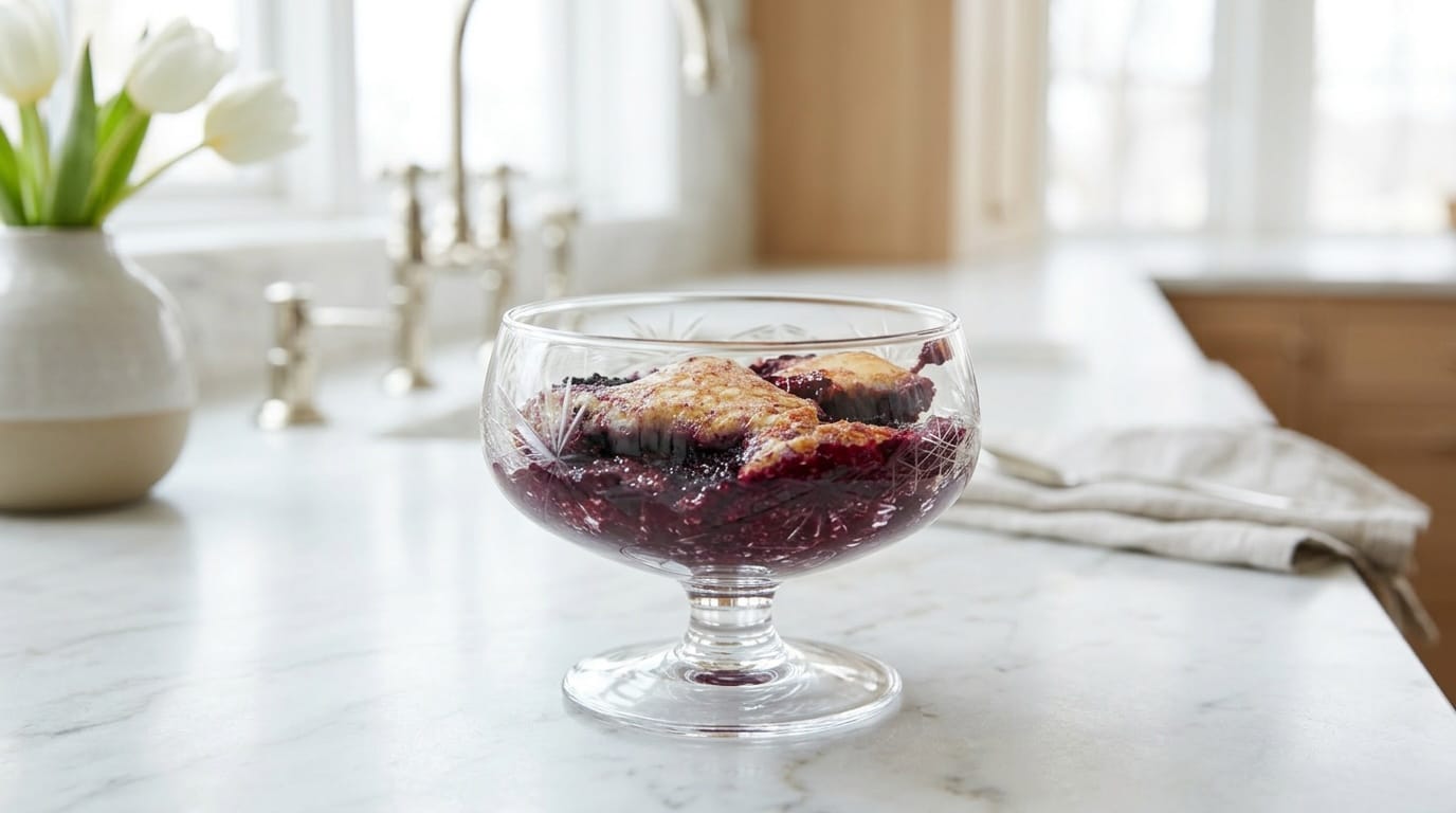 Easy fresh berry cobbler in cast iron skillet with golden crust and juicy berries
