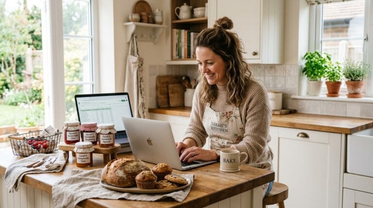 Cottage food business owner comparing website tools on a laptop in a bright home kitchen with jam jars on the counter